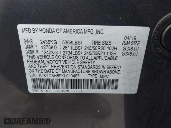 2019 Acura MDX Technology z VIN 5J8YD3H59KL010487, wystawiony jako IAAI lot #41478493 z przebiegiem 55 315 mil mil oraz . Historia ofert i sprzedaży dostępna na DreamBid. Obrazek 9.