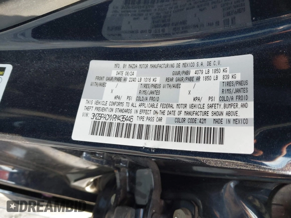 2024 Mazda 3 S Preferred with VIN 3MZBPACMXRM435446, listed as a IAAI auction lot 41503209 with Not Provided miles and . Bid and sale history available at carsss.com. Image 9.