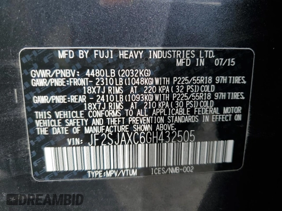 2016 Subaru Forester Touring with VIN JF2SJAXC6GH432505, listed as a Copart auction lot 50103505 with 98,966 mi miles and Salvage Title. Bid and sale history available at DreamBid. Image 16.