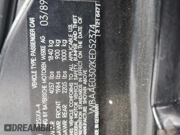 1989 BMW 3 Series z VIN WBAAE0302KED52374, wystawiony jako Copart lot #88331485 z przebiegiem Nie podano mil oraz Szkoda całkowita • Salvage title. Historia ofert i sprzedaży dostępna na DreamBid. Obrazek 12.