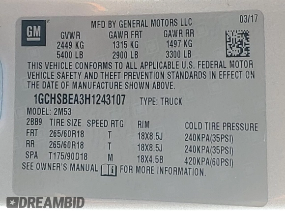 2017 Chevrolet Colorado 2WD WT with VIN 1GCHSBEA3H1243107, listed as a Copart auction lot 50242205 with 117,104 mi miles and Salvage Title. Bid and sale history available at carsss.com. Image 13.