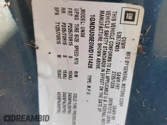 1998 Chevrolet Venture z VIN 1GNDU06E0WD141426, wystawiony jako Copart lot #63241734 z przebiegiem 68 563 mil mil oraz Nie do naprawy • Non repairable. Historia ofert i sprzedaży dostępna na DreamBid. Obrazek 12.