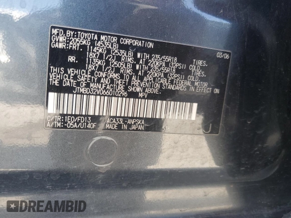 2006 Toyota RAV4 Sport with VIN JTMBD32V066010296, listed as a Copart auction lot 59923645 with 199,449 mi miles and Salvage title. Bid and sale history available at DreamBid. Image 13.