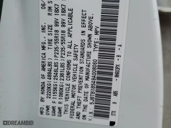 2009 Acura RDX Tech Pkg with VIN 5J8TB18549A008060, listed as a Copart auction lot 50881085 with 101,968 mi miles and Salvage Title. Bid and sale history available at carsss.com. Image 15.