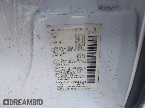 2020 Nissan Frontier SV with VIN 1N6ED0EB2LN704743, listed as a IAAI auction lot 41272665 with 82,893 mi miles and . Bid and sale history available at DreamBid. Image 9.