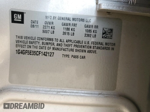 2012 Buick LaCrosse Premium 2 with VIN 1G4GF5E35CF142127, listed as a Copart auction lot 60421255 with 71,862 mi miles and Salvage title. Bid and sale history available at DreamBid. Image 12.