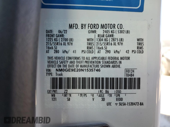 2022 Ford Transit Connect XL with VIN NM0GE9E20N1535746, listed as a Copart auction lot 76093074 with 65,370 mi miles and Salvage title. Bid and sale history available at DreamBid. Image 16.