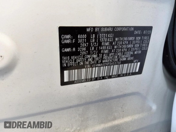 2023 Subaru Ascent Limited с VIN 4S4WMASDXP3453700, выставлен на аукционе Copart как лот 58479565 с пробегом 40 862 миль миль и Чистый • Clean title. История ставок и продаж доступна на DreamBid. Изображение 12.