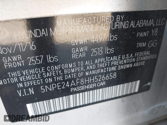 2017 Hyundai Sonata 2.4L with VIN 5NPE24AF8HH526658, listed as a IAAI auction lot 41483986 with 58,223 mi miles and . Bid and sale history available at DreamBid. Image 9.
