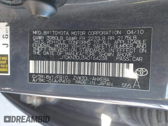 2010 Toyota Prius II with VIN JTDKN3DU3A0164238, listed as a IAAI auction lot 41773463 with 1 mi miles. Bid and sale history available at carsss.com. Image 9.
