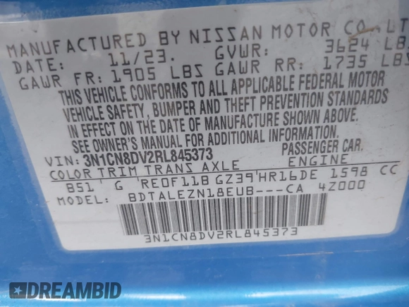 2024 Nissan Versa S with VIN 3N1CN8DV2RL845373, listed as a IAAI auction lot 41744910 with 28,686 mi miles. Bid and sale history available at carsss.com. Image 9.