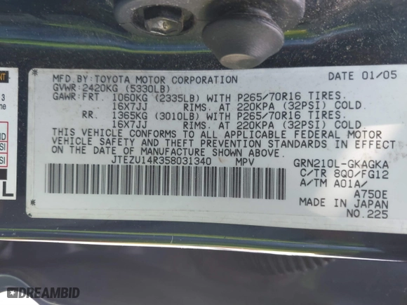 2005 Toyota 4Runner SR5 with VIN JTEZU14R358031340, listed as a IAAI auction lot 40371472 with 204,320 mi miles. Bid and sale history available at carsss.com. Image 9.