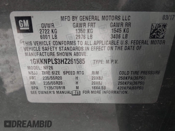 2017 GMC Acadia Denali with VIN 1GKKNPLS3HZ261585, listed as a IAAI auction lot 42057563 with 92,983 mi miles. Bid and sale history available at carsss.com. Image 9.