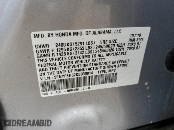2019 Honda Passport EX-L with VIN 5FNYF8H52KB030914, listed as a Copart auction lot 55708015 with 103,784 mi miles and Salvage title. Bid and sale history available at DreamBid. Image 13.