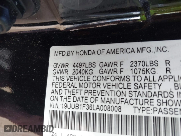 2020 Acura TLX with VIN 19UUB1F36LA008008, listed as a IAAI auction lot 41271318 with 48,602 mi miles. Bid and sale history available at carsss.com. Image 9.