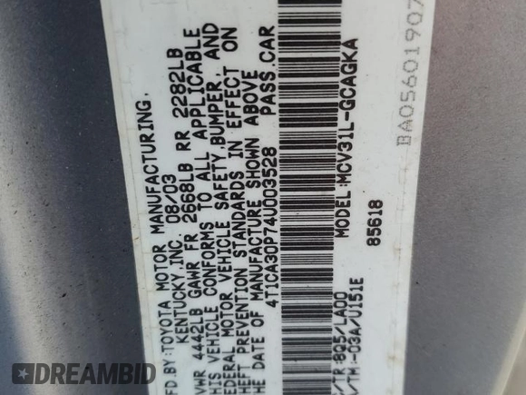 2004 Toyota Solara SE with VIN 4T1CA30P74U003528, listed as a Copart auction lot 71172494 with 134,107 mi miles and Salvage Title. Bid and sale history available at DreamBid. Image 12.