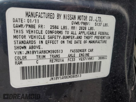 2012 Infiniti M37 with VIN JN1BY1AR8CM390513, listed as a Copart auction lot 78082344 with 130,540 mi miles and Non Repairable. Bid and sale history available at carsss.com. Image 13.