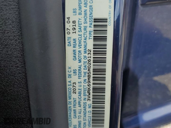 2005 Volkswagen Jetta GL with VIN 3VWRK69M85M026132, listed as a Copart auction lot 64153735 with 92,964 mi miles and Salvage title. Bid and sale history available at DreamBid. Image 12.
