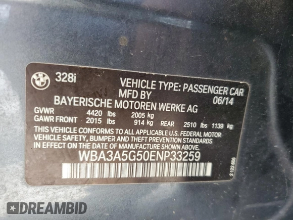 2014 BMW 3 Series 328i with VIN WBA3A5G50ENP33259, listed as a Copart auction lot 57330615 with 217,779 mi miles and Salvage title. Bid and sale history available at DreamBid. Image 12.