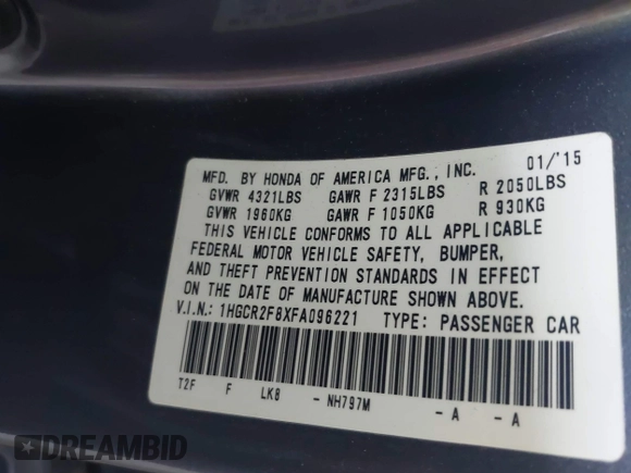 2015 Honda Accord EX-L with VIN 1HGCR2F8XFA096221, listed as a IAAI auction lot 42586083 with 127,771 mi miles and . Bid and sale history available at DreamBid. Image 9.