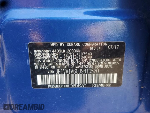 2018 Subaru WRX with VIN JF1VA1A60J9810520, listed as a Copart auction lot 59505985 with 86,295 mi miles and Salvage title. Bid and sale history available at DreamBid. Image 12.