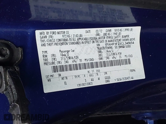 2012 Ford Focus SE with VIN 1FAHP3F23CL345654, listed as a IAAI auction lot 42231539 with 77,360 mi miles and . Bid and sale history available at DreamBid. Image 9.