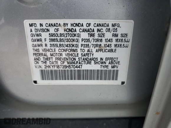 2005 Honda Pilot EX-L z VIN 2HKYF18735H570447, wystawiony jako Copart lot #53534485 z przebiegiem 339 522 mil mil oraz Szkoda całkowita • Salvage title. Historia ofert i sprzedaży dostępna na DreamBid. Obrazek 13.