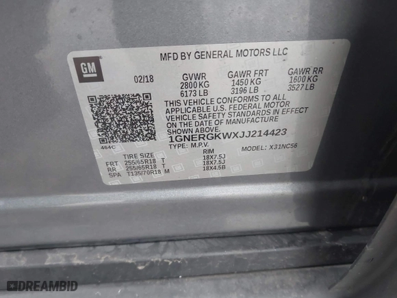 2018 Chevrolet Traverse LT Cloth with VIN 1GNERGKWXJJ214423, listed as a IAAI auction lot 41687852 with 96,127 mi miles. Bid and sale history available at carsss.com. Image 9.