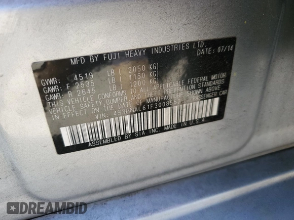2015 Subaru Legacy Limited with VIN 4S3BNAL61F3008552, listed as a Copart auction lot 60802615 with 79,520 mi miles and Salvage title. Bid and sale history available at DreamBid. Image 12.