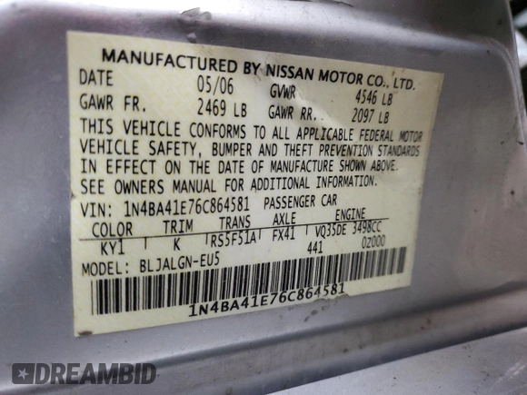 2006 Nissan Maxima 3.5 SE with VIN 1N4BA41E76C864581, listed as a Copart auction lot 46481935 with 244,446 mi miles and Salvage Title. Bid and sale history available at carsss.com. Image 13.