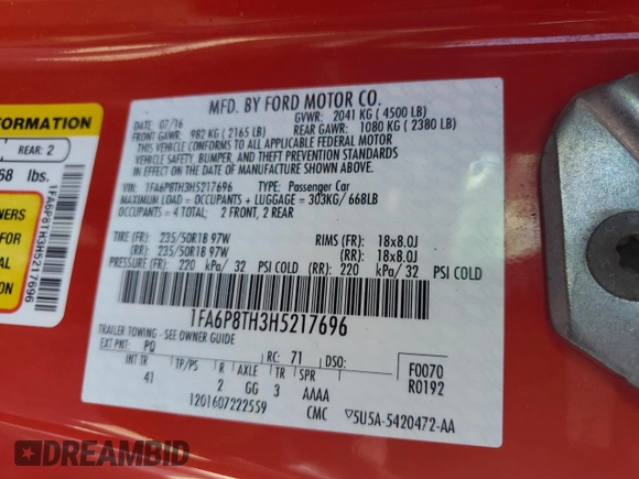 2017 Ford Mustang EcoBoost with VIN 1FA6P8TH3H5217696, listed as a Copart auction lot 66553745 with 96,298 mi miles and Salvage title. Bid and sale history available at DreamBid. Image 12.