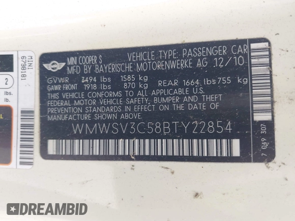 2011 MINI Hardtop S with VIN WMWSV3C58BTY22854, listed as a IAAI auction lot 42034126 with 98,931 mi miles and . Bid and sale history available at DreamBid. Image 9.
