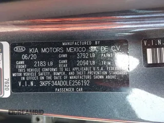 2020 Kia Forte GT-Line with VIN 3KPF34AD0LE256192, listed as a IAAI auction lot 39151103 with 188,545 mi miles. Bid and sale history available at carsss.com. Image 9.