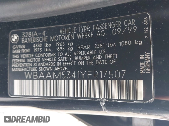 2000 BMW 3 Series 328i with VIN WBAAM5341YFR17507, listed as a IAAI auction lot 42434564 with 137,424 mi miles and . Bid and sale history available at DreamBid. Image 9.