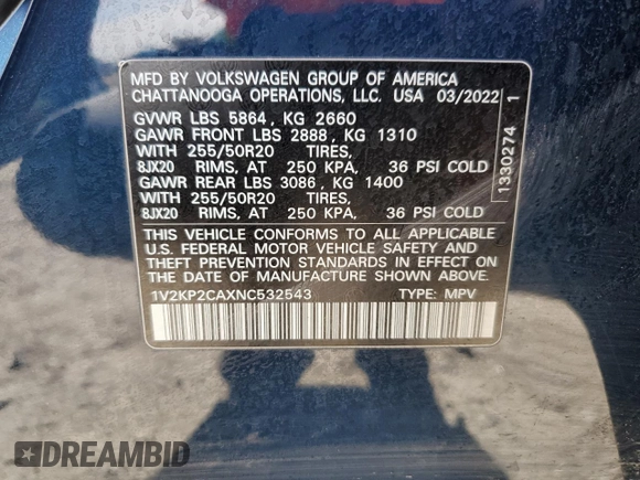 2022 Volkswagen Atlas SE with VIN 1V2KP2CAXNC532543, listed as a Copart auction lot 87745845 with 57,500 mi miles and Clean title. Bid and sale history available at DreamBid. Image 13.