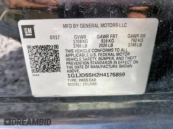 2017 Chevrolet Sonic LT with VIN 1G1JD5SH2H4176859, listed as a Copart auction lot 56787705 with 98,921 mi miles and Salvage title. Bid and sale history available at DreamBid. Image 13.