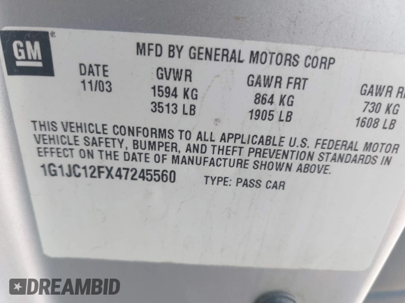 2004 Chevrolet Cavalier with VIN 1G1JC12FX47245560, listed as a IAAI auction lot 42506716 with 210,997 mi miles and . Bid and sale history available at DreamBid. Image 9.