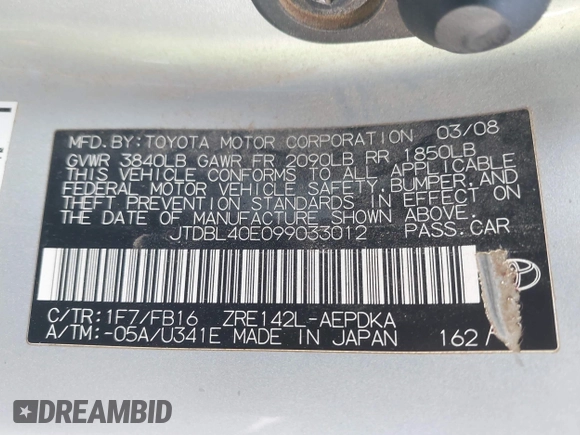 2009 Toyota Corolla z VIN JTDBL40E099033012, wystawiony jako IAAI lot #42565753 z przebiegiem 188 314 mil mil oraz . Historia ofert i sprzedaży dostępna na DreamBid. Obrazek 9.