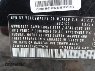 2015 Volkswagen Jetta S with VIN 3VW2K7AJ3FM277070, listed as a IAAI auction lot 42384814 with 122,107 mi miles and . Bid and sale history available at DreamBid. Image 9.