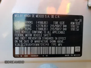2021 Honda HR-V EX with VIN 3CZRU6H56MM709348, listed as a Copart auction lot 52201075 with 35,062 mi miles and Salvage Title. Bid and sale history available at carsss.com. Image 14.