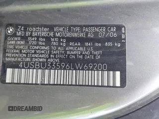 2006 BMW Z4 3.0i with VIN 4USBU33596LW69200, listed as a IAAI auction lot 41774419 with 59,691 mi miles and . Bid and sale history available at DreamBid. Image 9.