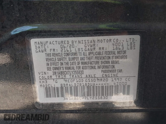 2020 Nissan Sentra SV with VIN 3N1AB8CV7LY255830, listed as a IAAI auction lot 41786362 with 36,686 mi miles and . Bid and sale history available at DreamBid. Image 9.