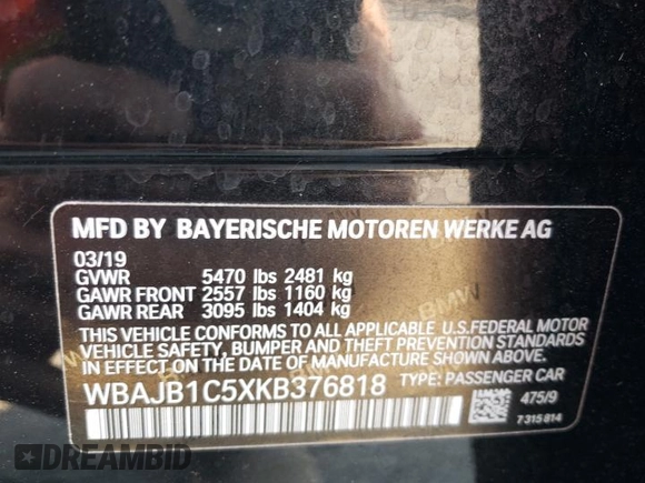 2019 BMW 5 Series 530e xDrive with VIN WBAJB1C5XKB376818, listed as a Copart auction lot 74683034 with 108,066 mi miles and Salvage title. Bid and sale history available at DreamBid. Image 12.