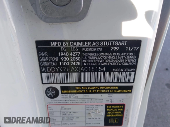2018 Mercedes-Benz AMG GT with VIN WDDYK7HAXJA018154, listed as a IAAI auction lot 41899916 with 1 mi miles. Bid and sale history available at carsss.com. Image 9.