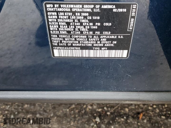 2018 Volkswagen Atlas SE with VIN 1V2FR2CA3JC557502, listed as a Copart auction lot 79512704 with 175,597 mi miles and Non repairable. Bid and sale history available at DreamBid. Image 14.