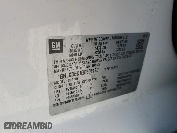 2016 Chevrolet Tahoe Commercial with VIN 1GNLCDEC1GR390120, listed as a Copart auction lot 55500045 with 135,048 mi miles and Clean title. Bid and sale history available at DreamBid. Image 13.