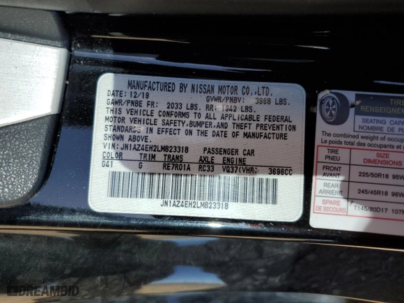 2020 Nissan 370Z Coupe with VIN JN1AZ4EH2LM823318, listed as a Copart auction lot 51087965 with 34,177 mi miles and Salvage Title. Bid and sale history available at carsss.com. Image 12.