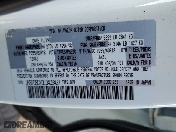 2020 Mazda CX-9 Touring z VIN JM3TCBCY0L0406437, wystawiony jako Copart lot #46789725 z przebiegiem 56 279 mil mil oraz Szkody całkowita. Historia ofert i sprzedaży dostępna na DreamBid. Obrazek 16.