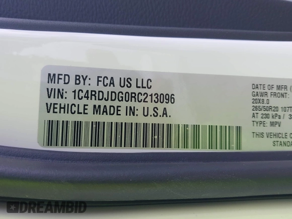 2024 Dodge Durango GT Plus with VIN 1C4RDJDG0RC213096, listed as a IAAI auction lot 42510767 with 18,781 mi miles and . Bid and sale history available at DreamBid. Image 9.