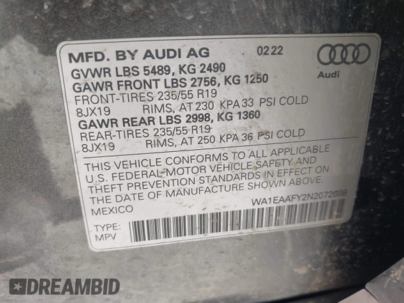 2022 Audi Q5 S line Premium Plus with VIN WA1EAAFY2N2072698, listed as a IAAI auction lot 42607942 with 42,796 mi miles and . Bid and sale history available at DreamBid. Image 9.